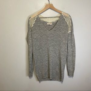 REBECCA TAYLOR Wool Alpaca Blend Sweater with Lace Shoulder Detail Gray M